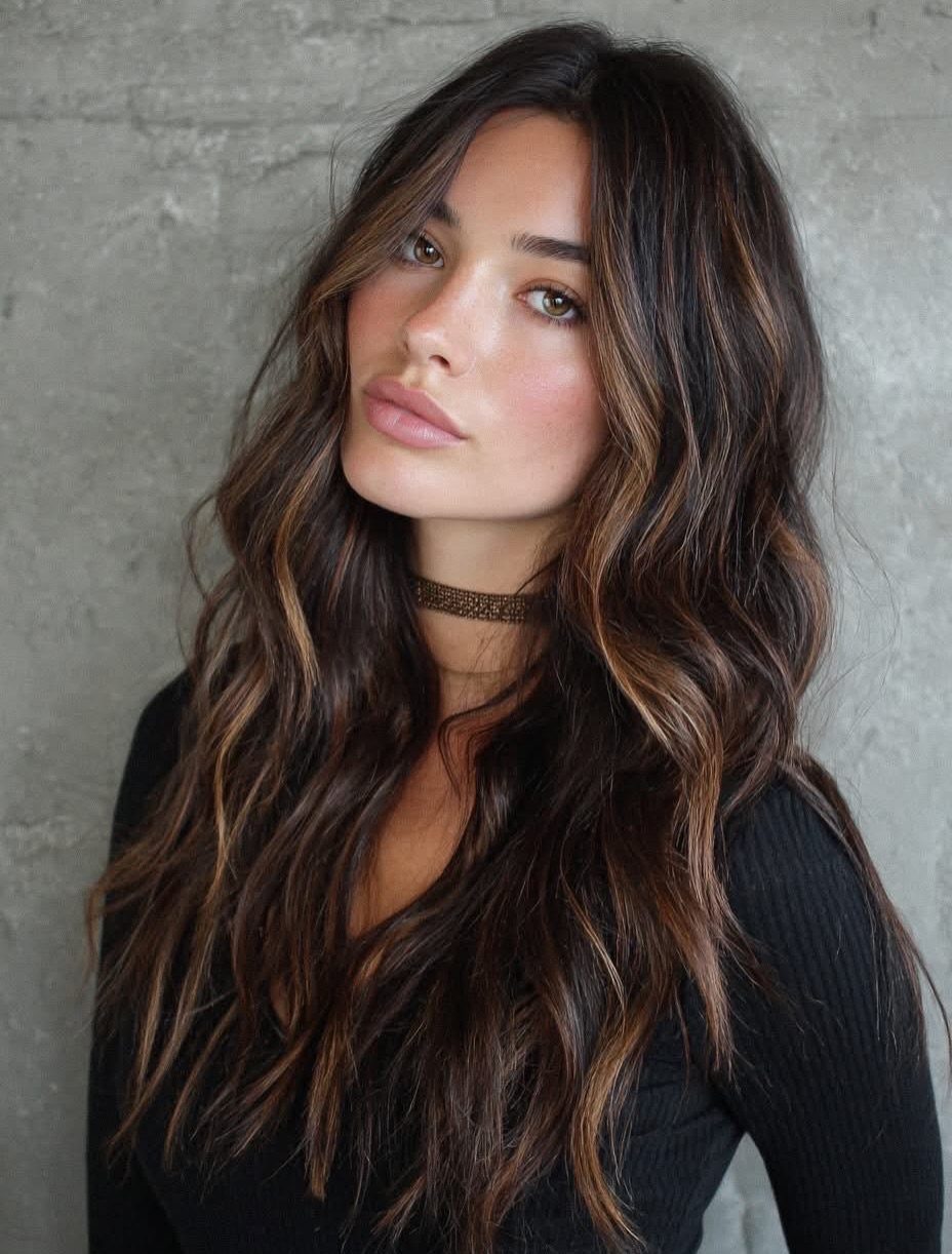 Woman with long dark brunette waves and subtle blonde face-framing highlights