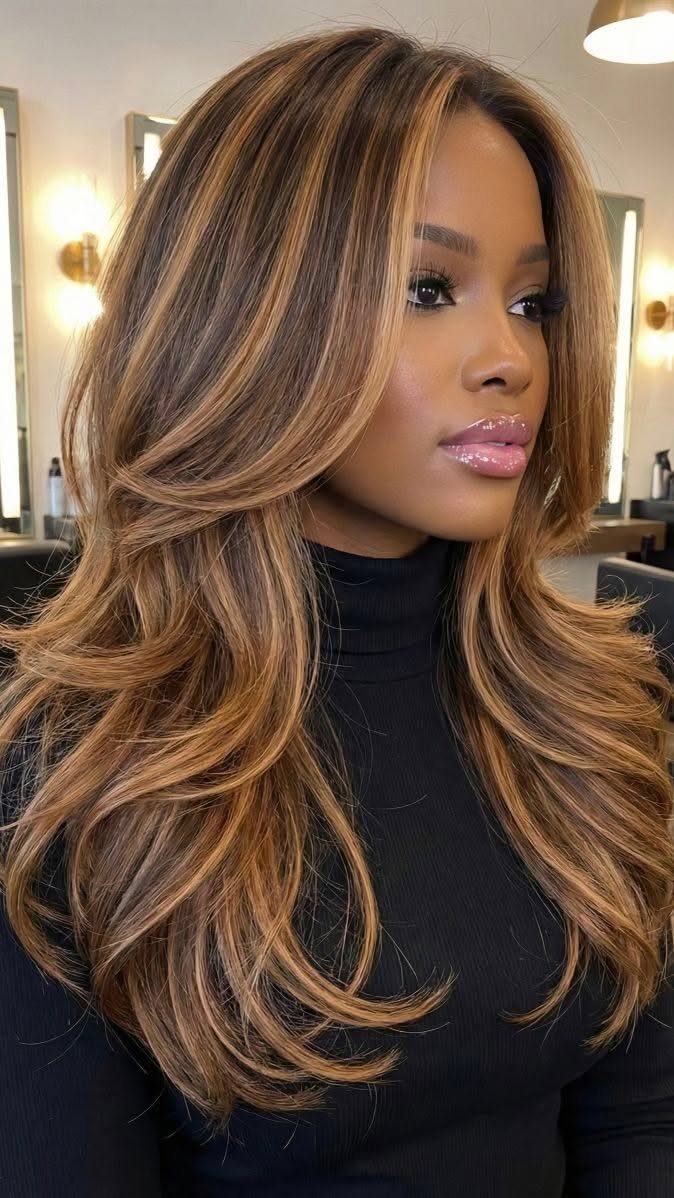 Woman with long brunette waves and golden caramel face-framing highlights
