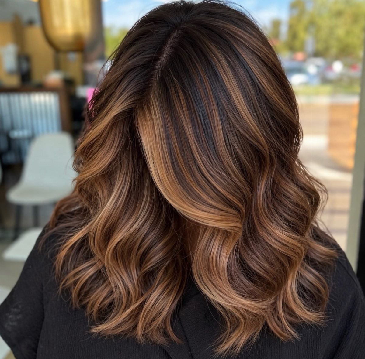 Wavy brunette hair with honey-caramel highlights flowing through the lengths
