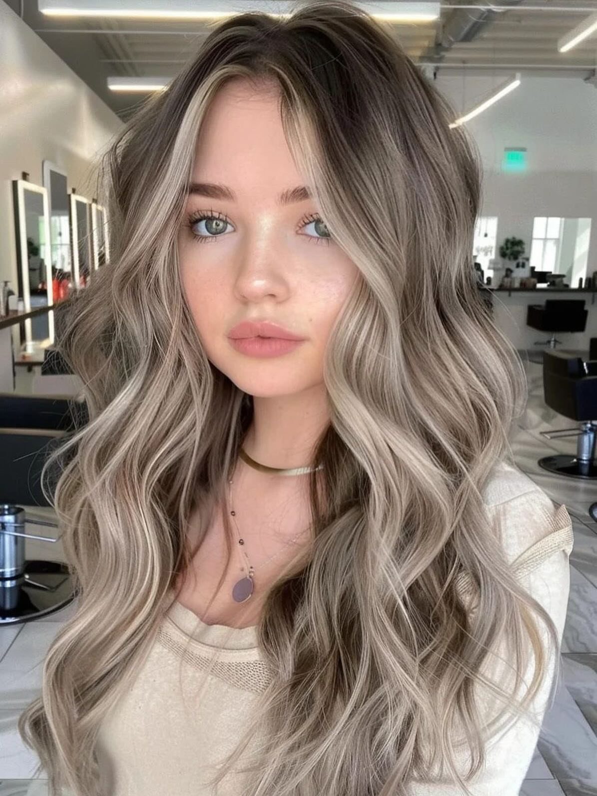 Woman with long dark-rooted hair melting into platinum ash-blonde waves in a salon