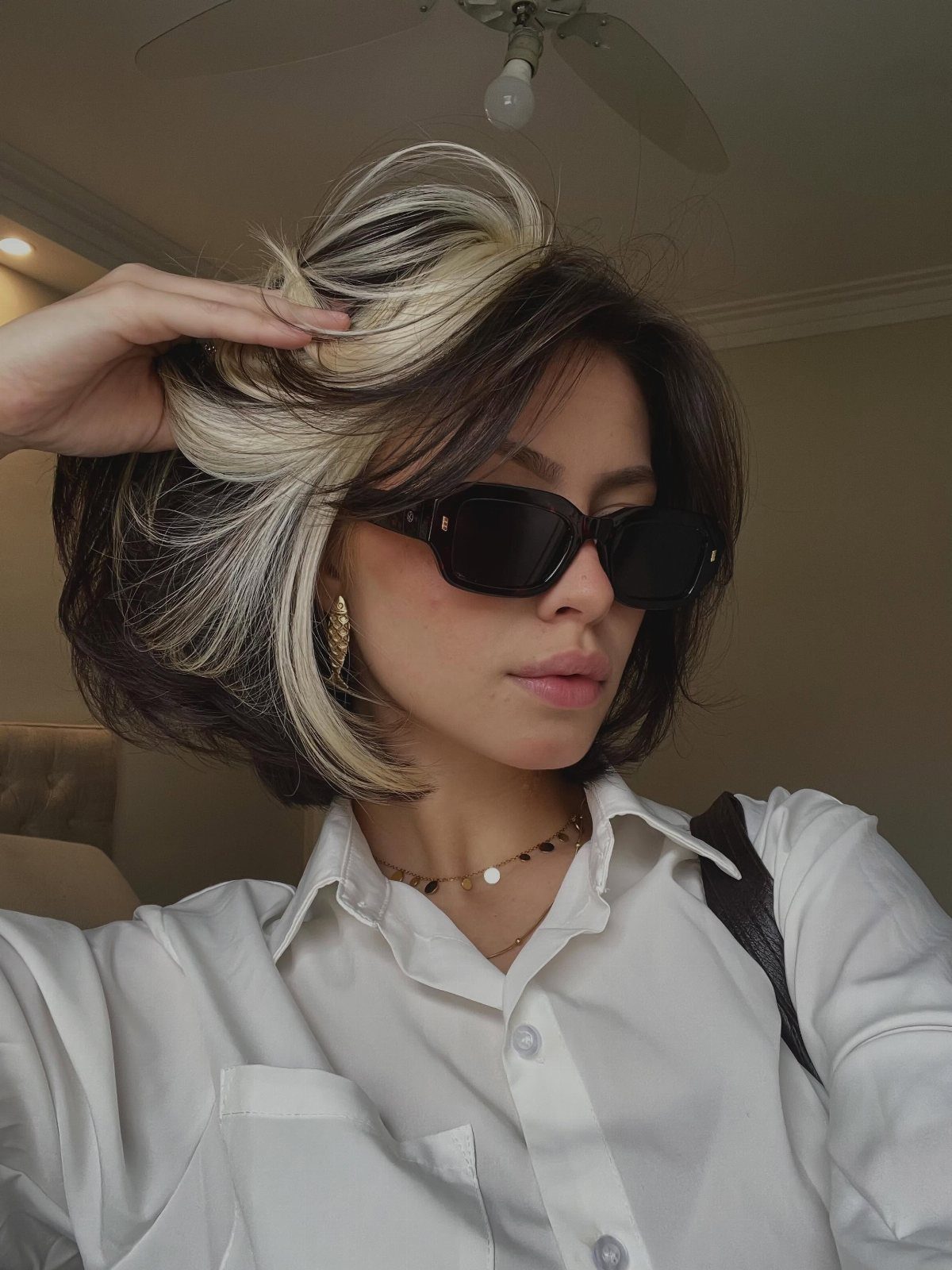 Short brunette bob with striking silver highlights held up beside the face