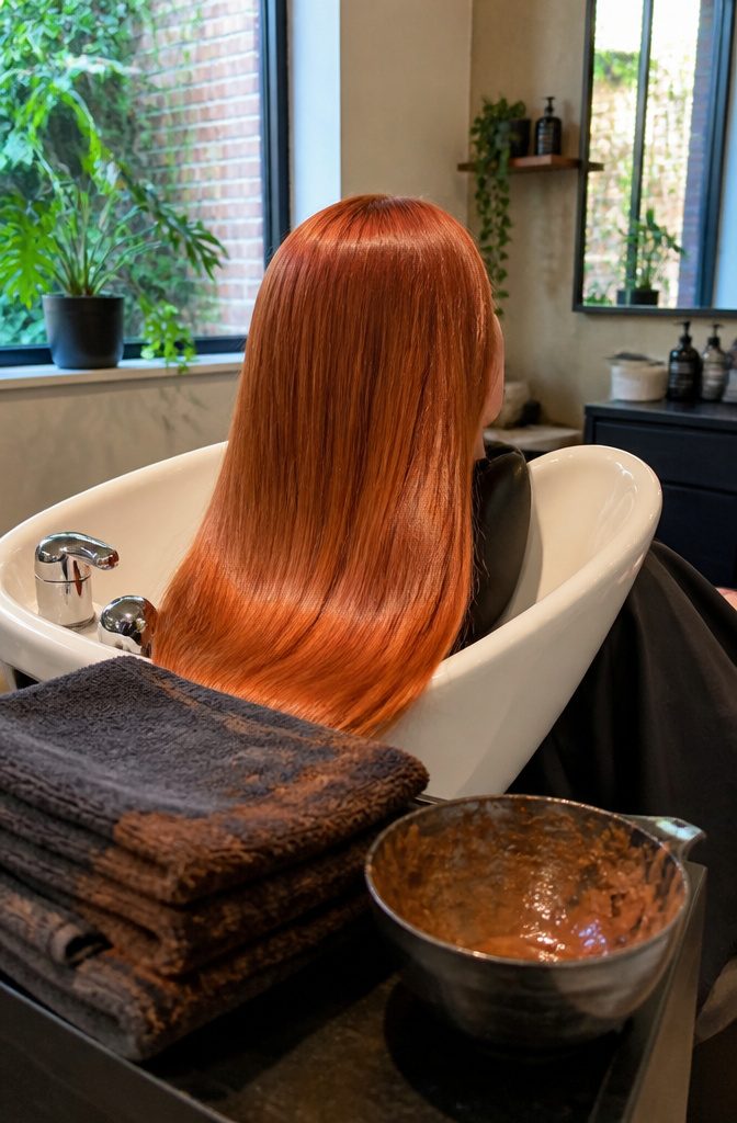 Hair fully colored metallic copper from roots to ends in a salon wash area