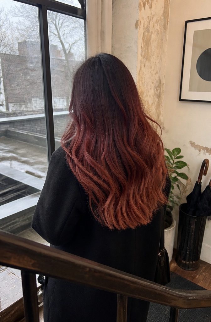 Hair fading from deep burgundy roots and lengths to muted copper ends