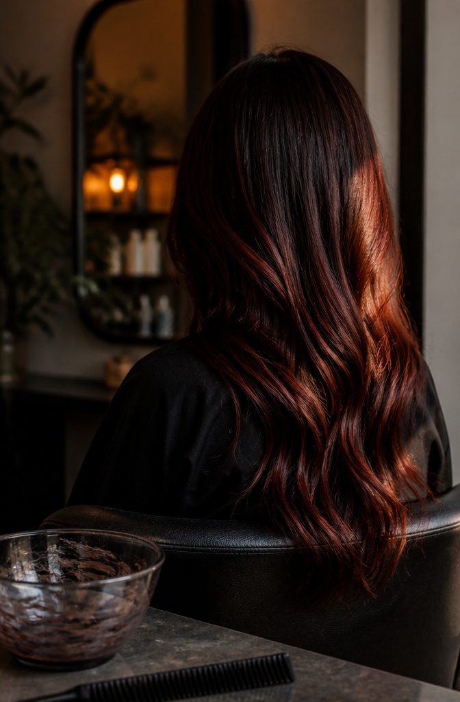 Dark glossy cherry red-brown hair reflecting sunlight