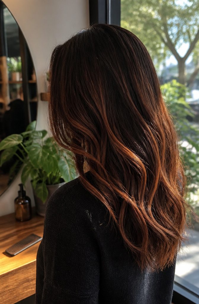 Brunette hair with earthy chestnut and cinnamon copper highlights