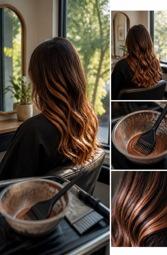 Medium brown hair with hand-painted copper pieces near the face and ends