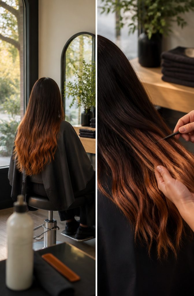 Brunette hair with copper ombre ends and a gradual root transition