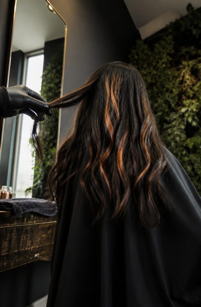 Very dark brunette hair with a few bold copper highlights