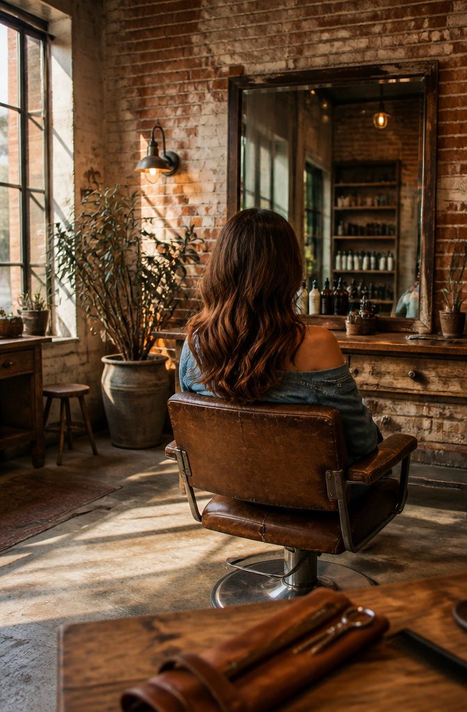 Medium brown hair with scattered earthy cowboy copper highlights