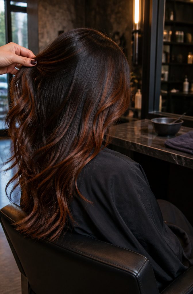Brunette hair fading from espresso roots into subdued reddish copper lengths