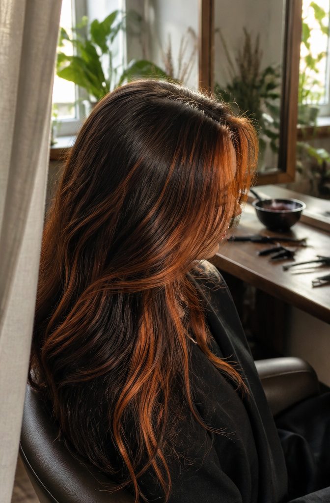 Brunette hair with copper face-framing highlights around the hairline
