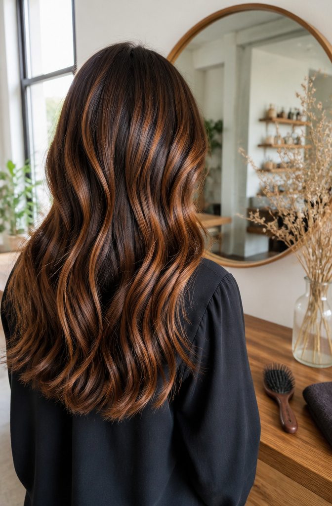 Deep brown hair with glossy yellow-gold copper highlights along individual strands
