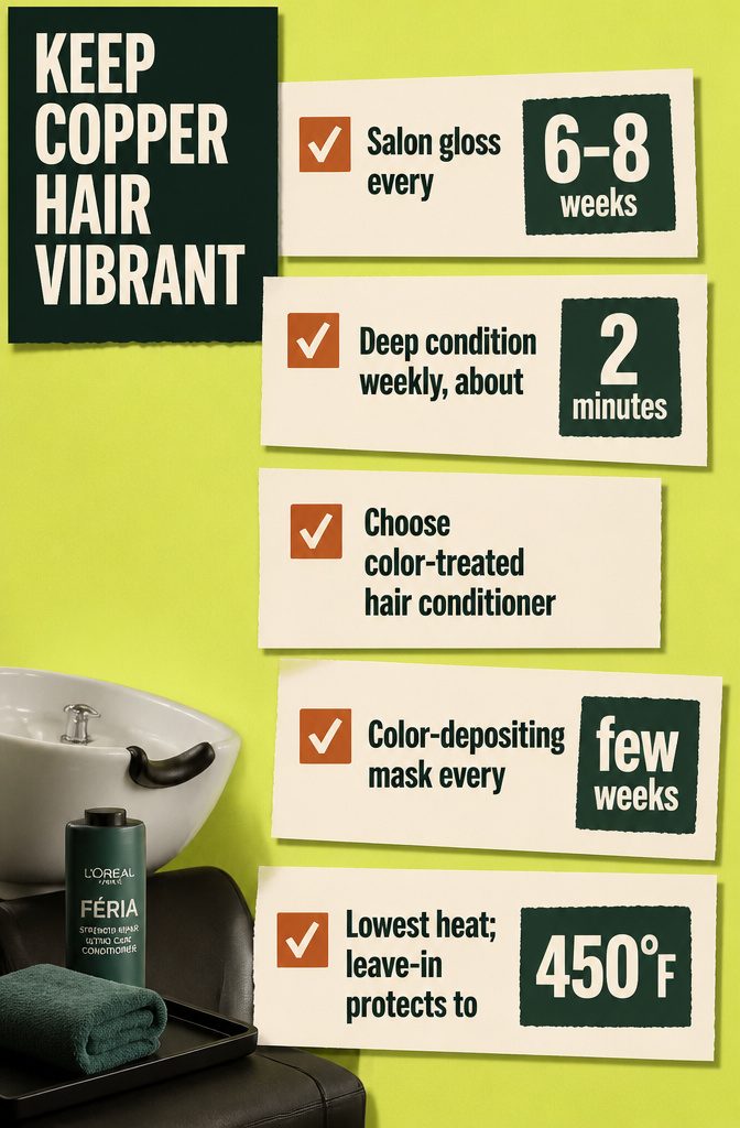 Copper hair care guide with gloss conditioning masks and heat protection