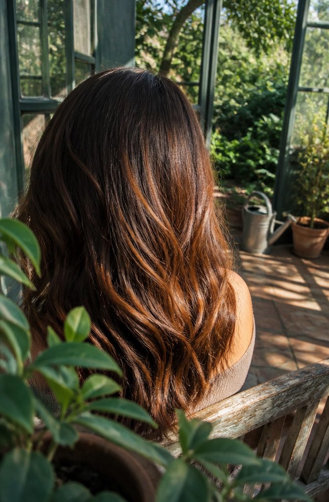 Brunette hair with muted auburn tones visible in sunlight