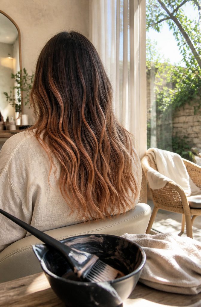 Brunette hair with hand-painted peach and sandy copper highlights through the lengths