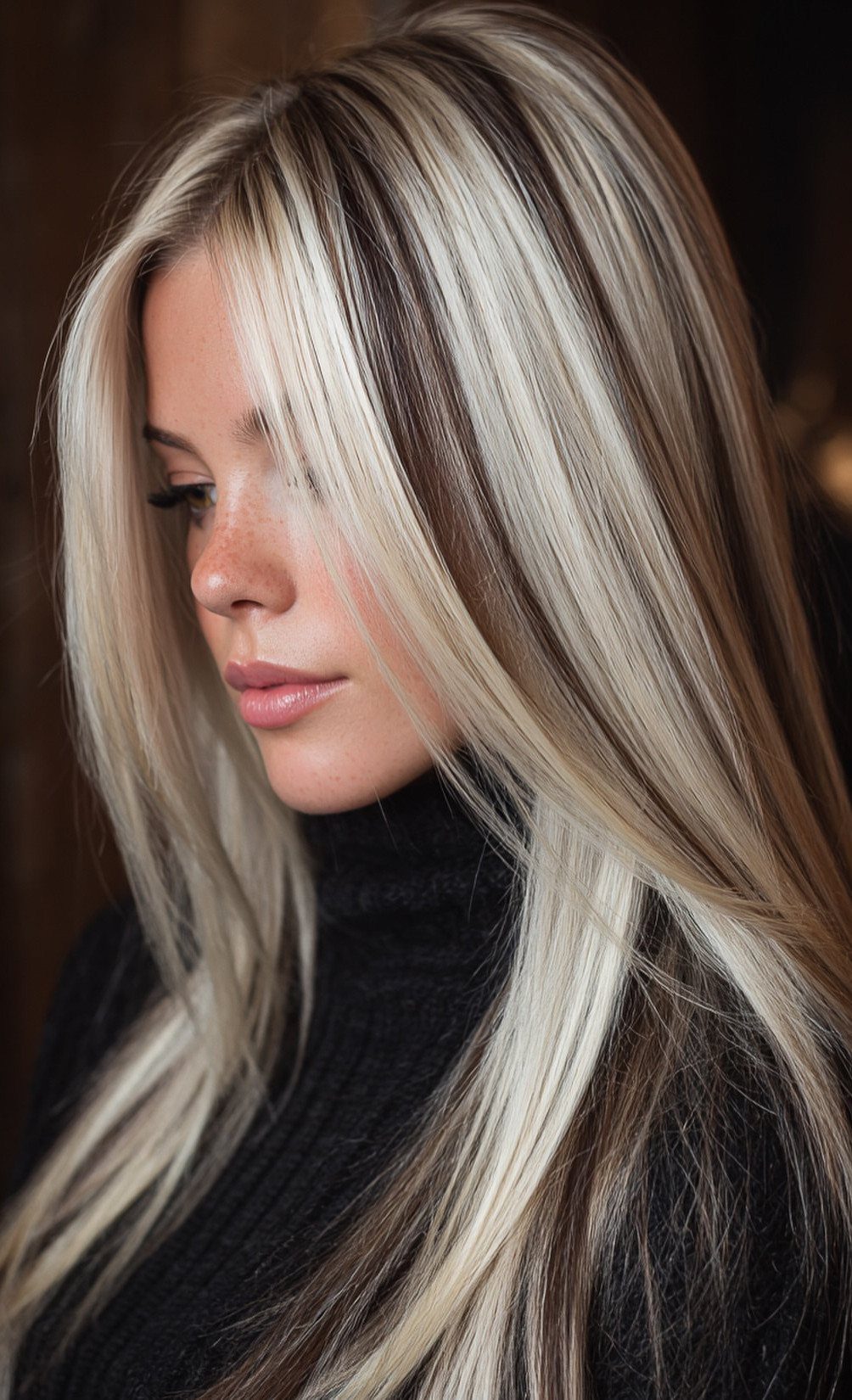 Woman with long hair showing contrasting platinum blonde highlights and darker strands