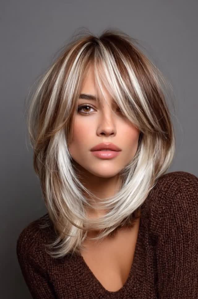 Woman with shoulder-length layered brown hair and broad blonde face-framing highlights