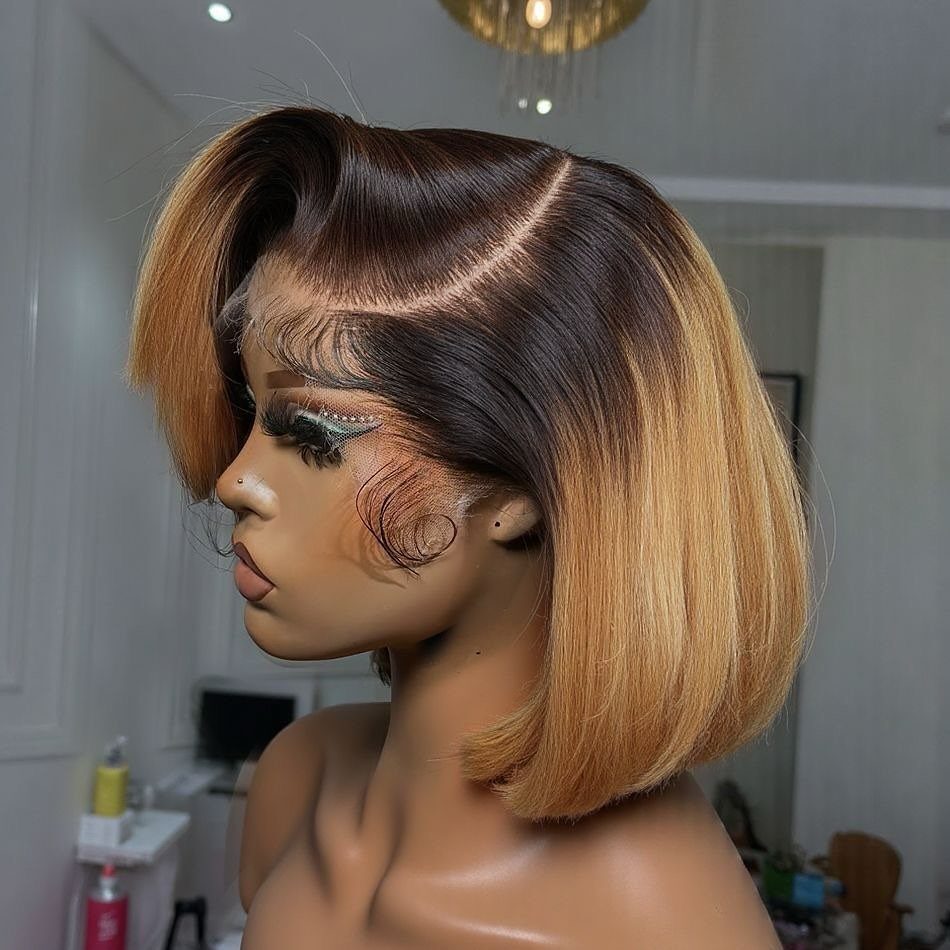 Mannequin wearing a sleek brown-to-honey-blonde ombre bob wig