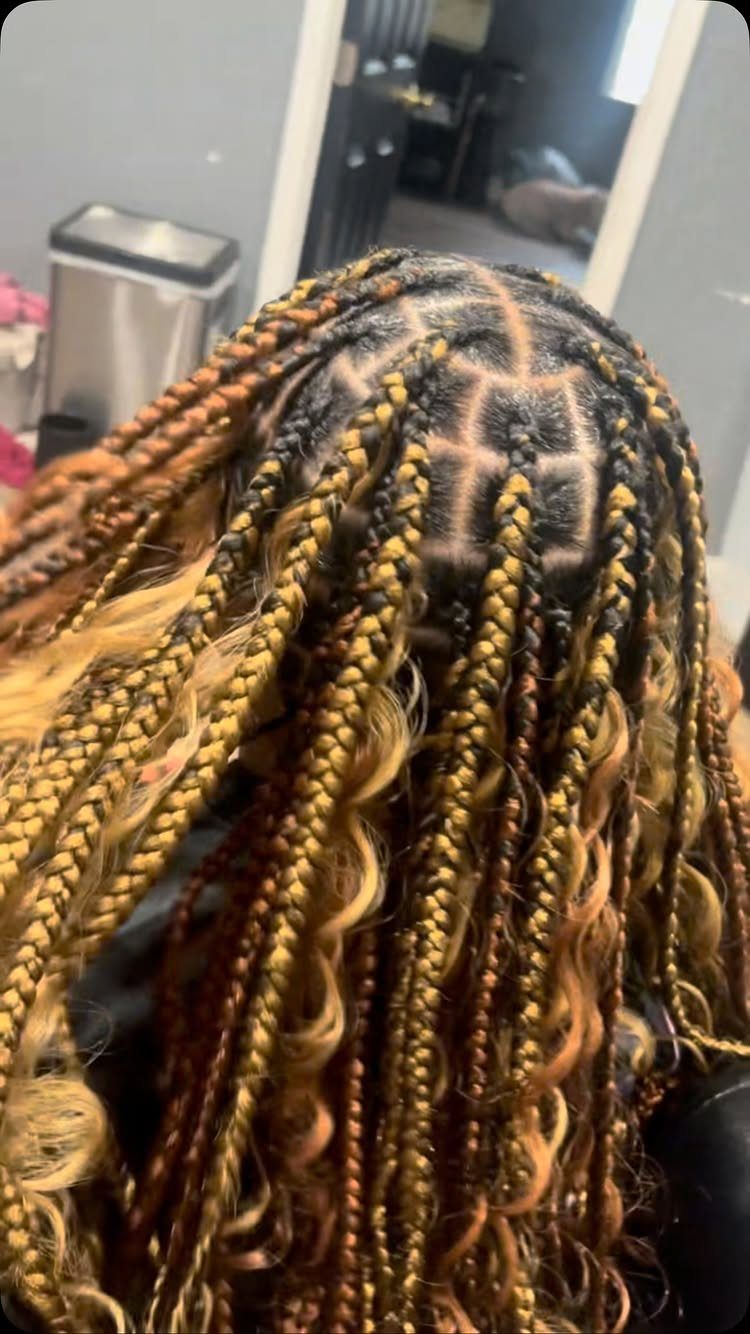Ombre braids transition from dark roots to golden blonde and caramel ends