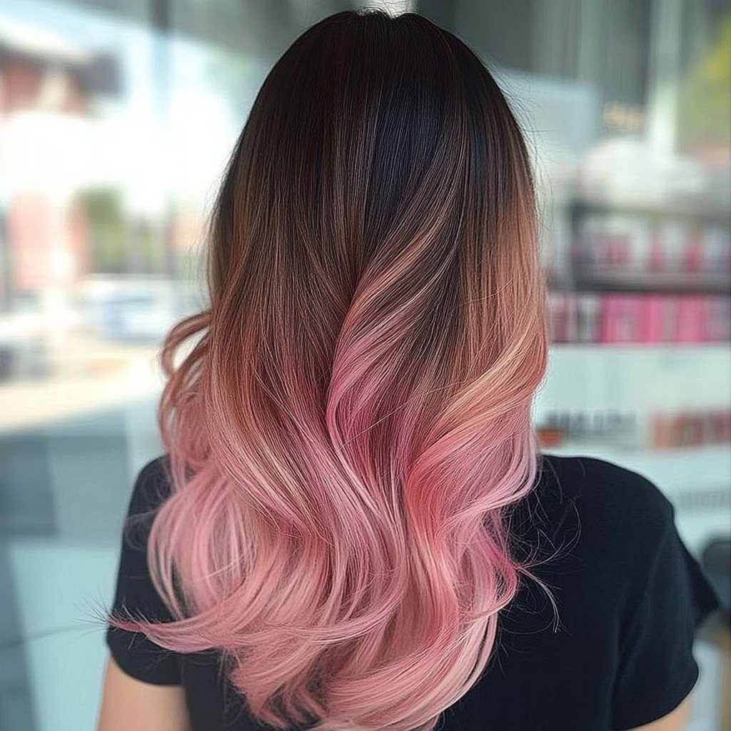 Wavy hair fades from dark brown roots into soft pastel pink ends