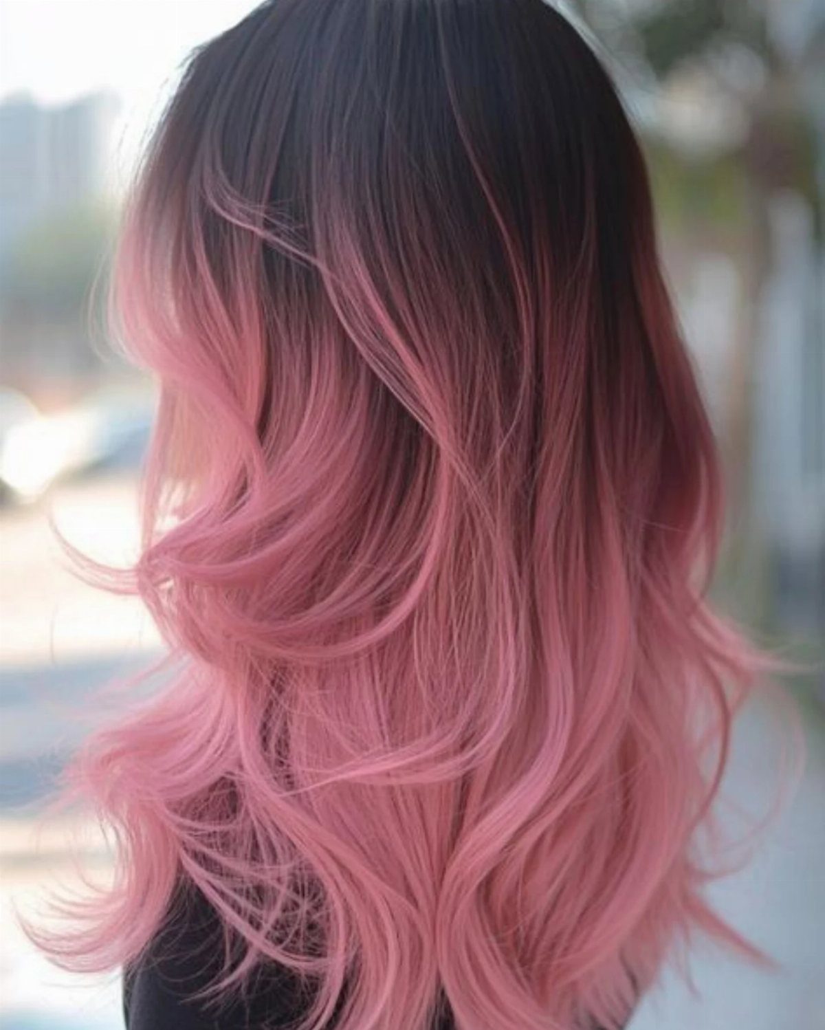 Long wavy hair fades from dark roots into soft pink ends