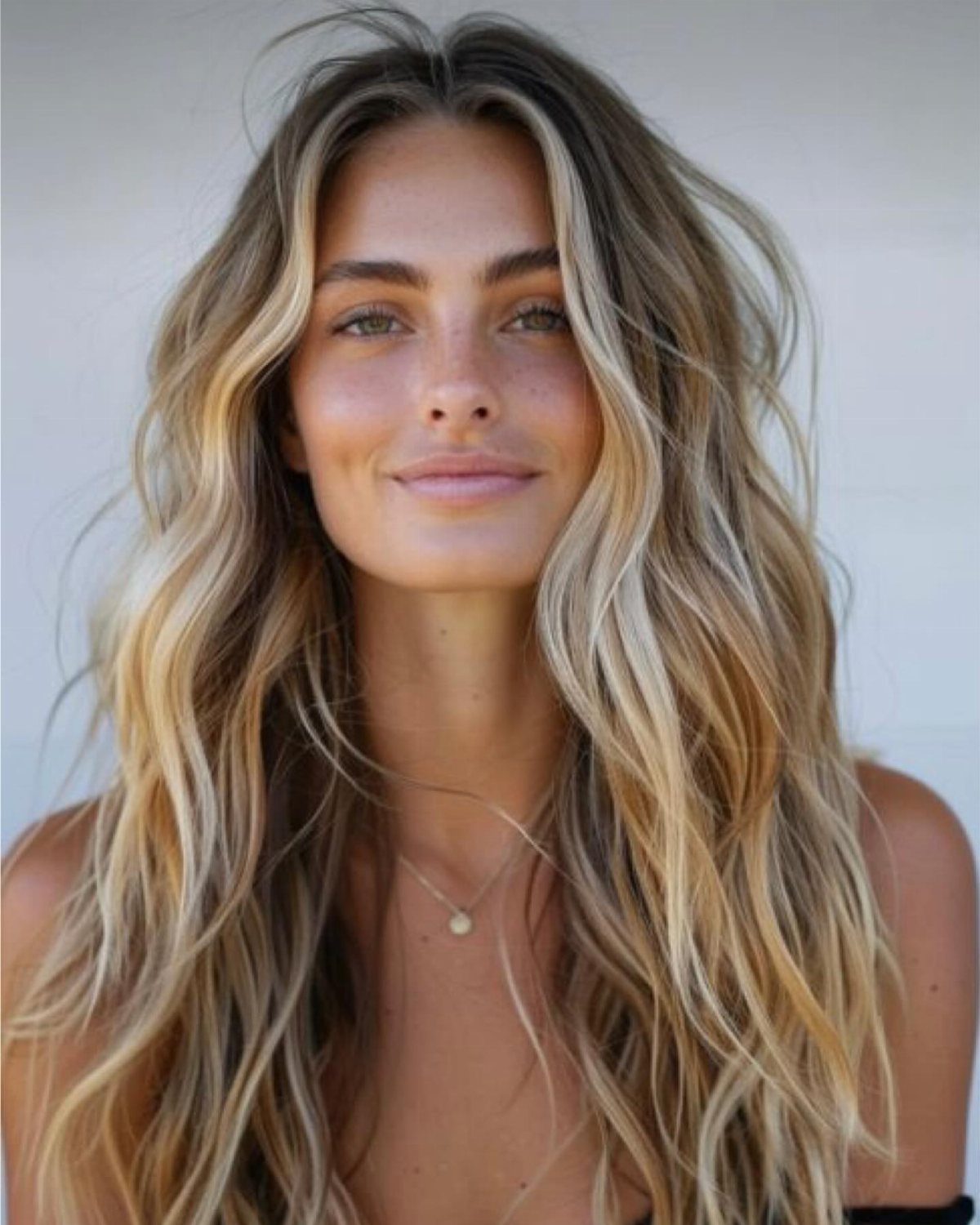 Woman with long wavy brown and blonde ombre hair