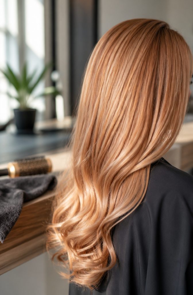 Smooth apricot copper hair styled in loose curls