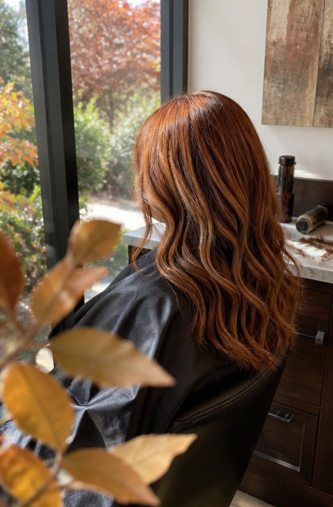 Copper blonde top layers over darker warm brown hair