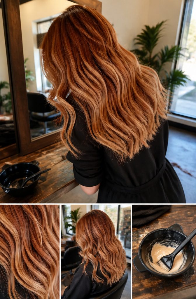 Copper balayage through mid-lengths and ends with untouched dark roots