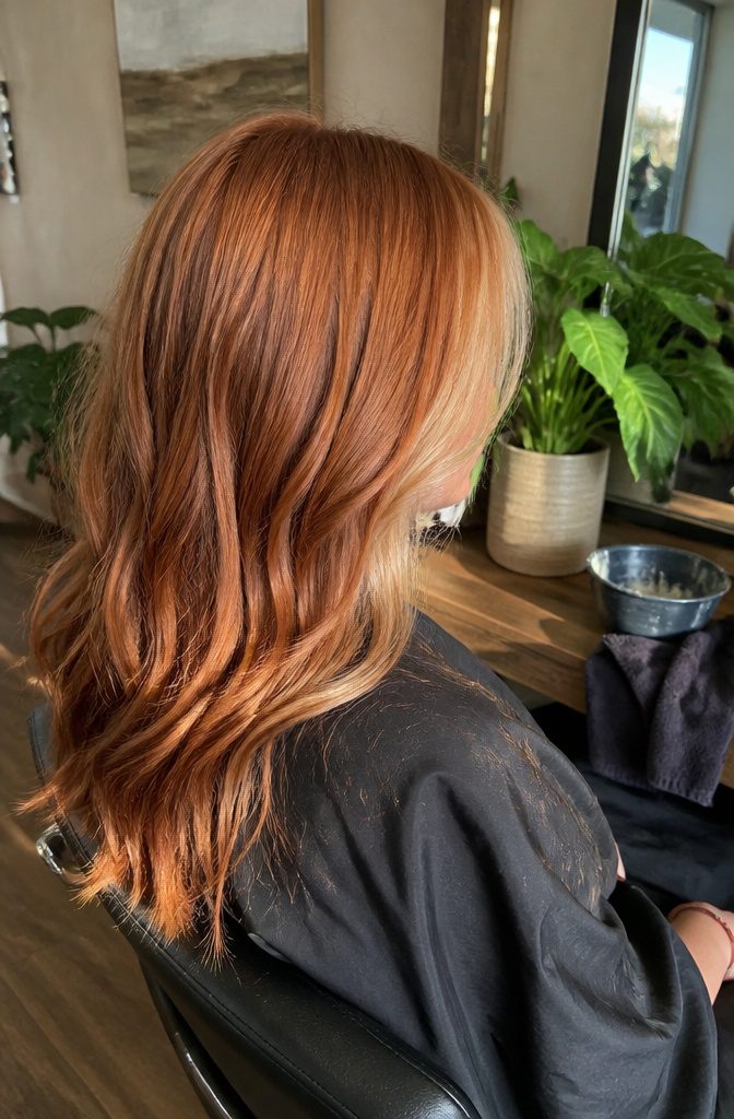 Blonde front layers framing a woman’s copper hair