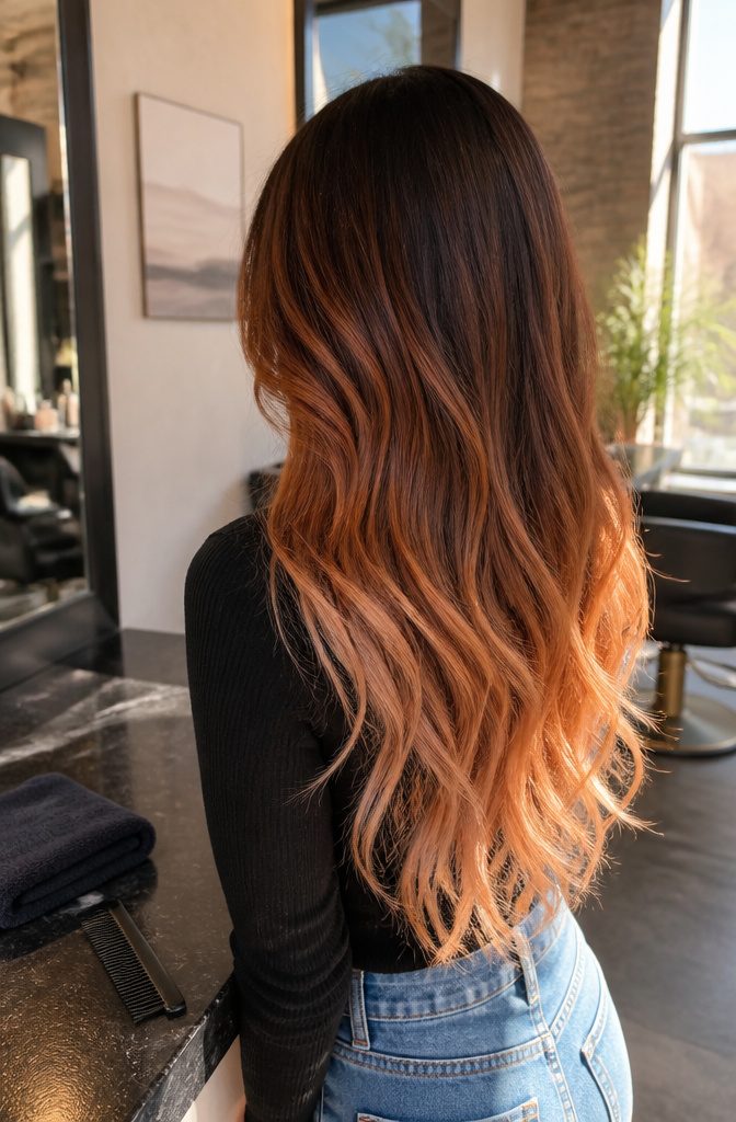Dark roots blending into copper mid-lengths and red-blonde ends
