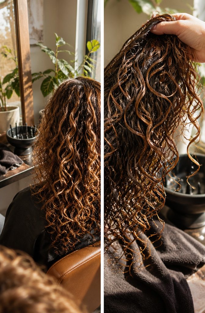 Dark hair with copper honey blonde highlights throughout