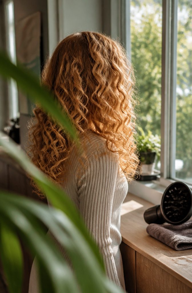 Golden blonde curls with translucent red and copper reflections