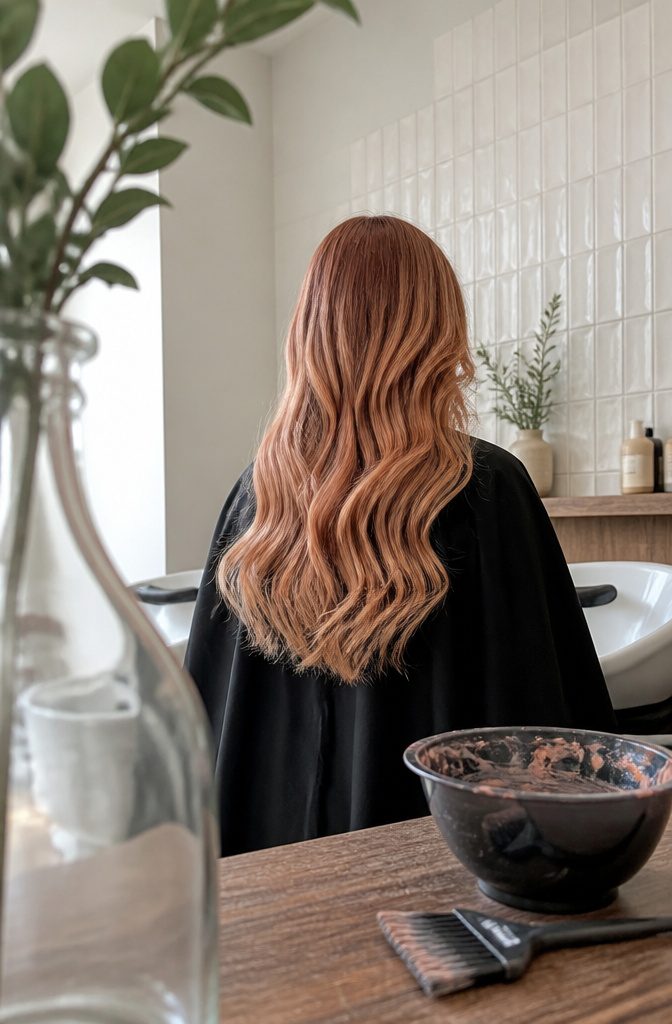 Copper blonde hair with a pastel peach tint
