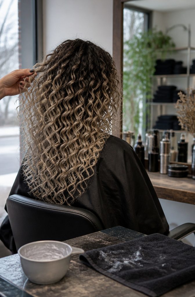 Dark-rooted curls with cool ash blonde on the crests and ends