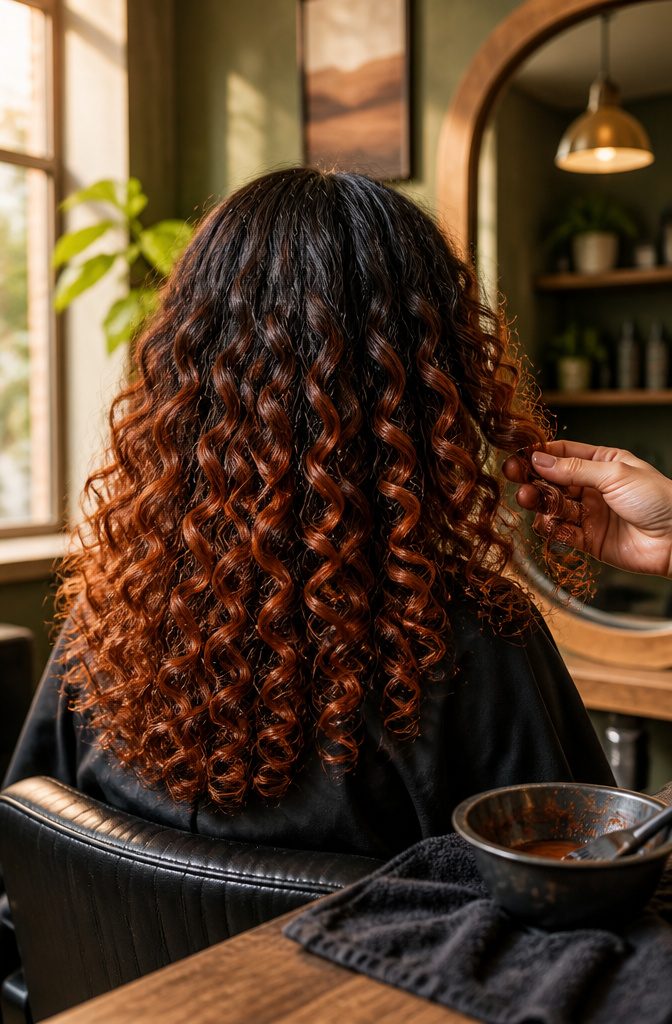 Curly hair with dark roots transitioning into auburn lengths