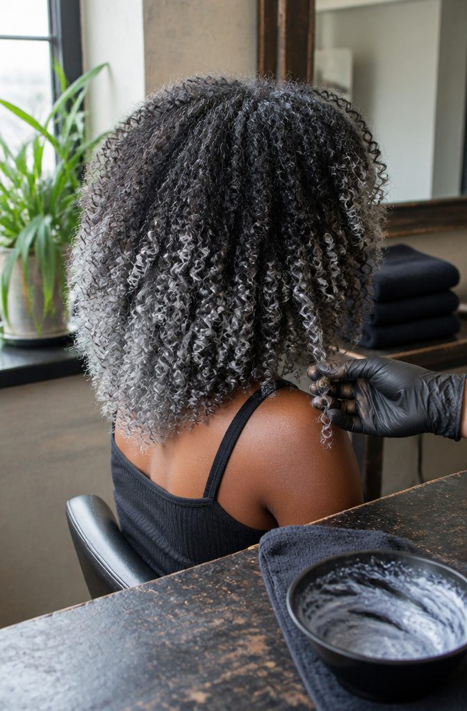 Kinky curls and coils fading from black roots to silver ends