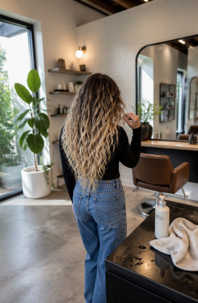 Long layered curls with dark roots and blonde balayage ends