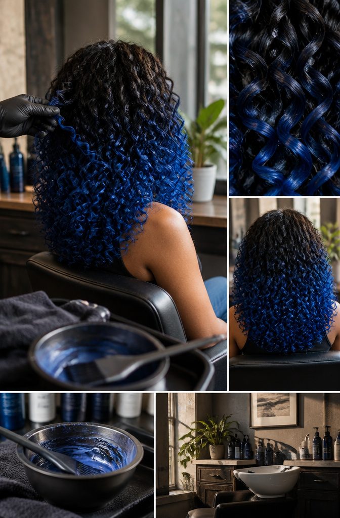 Curly hair with a dark base fading into blue ends