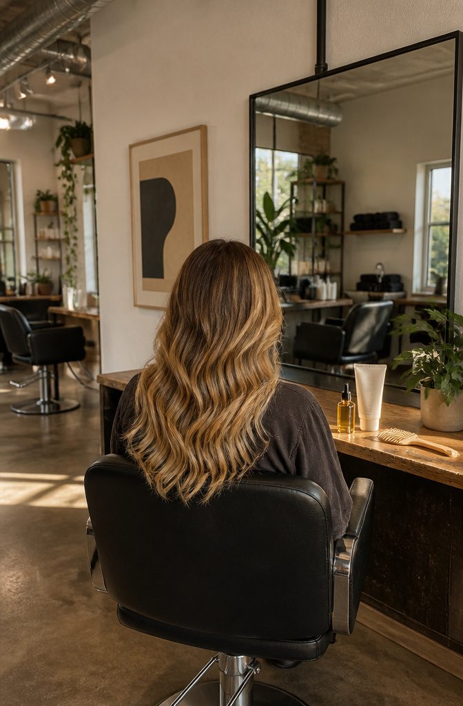Wavy hair fading from brown roots into blonde lengths
