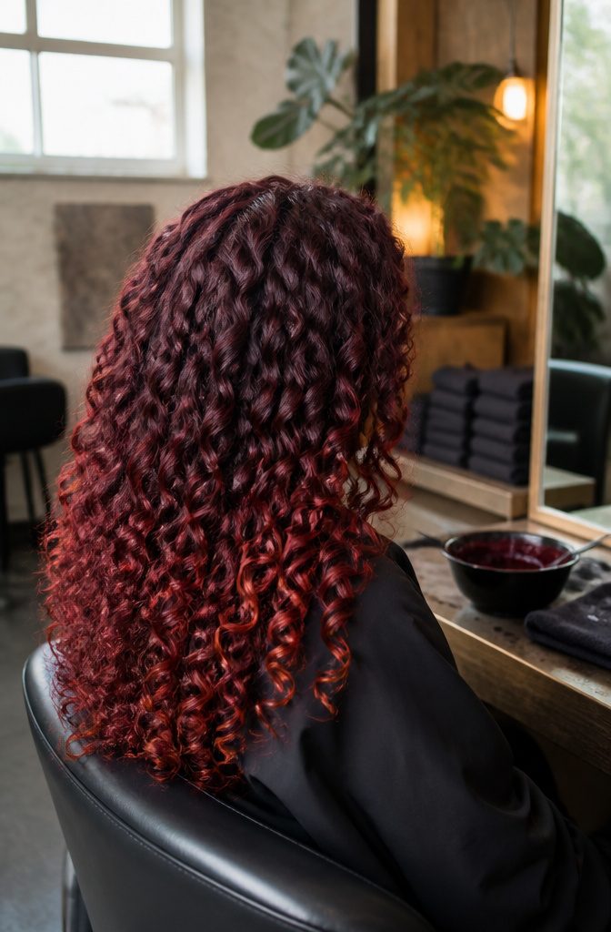 Defined burgundy curls with copper tones through selected lengths and ends