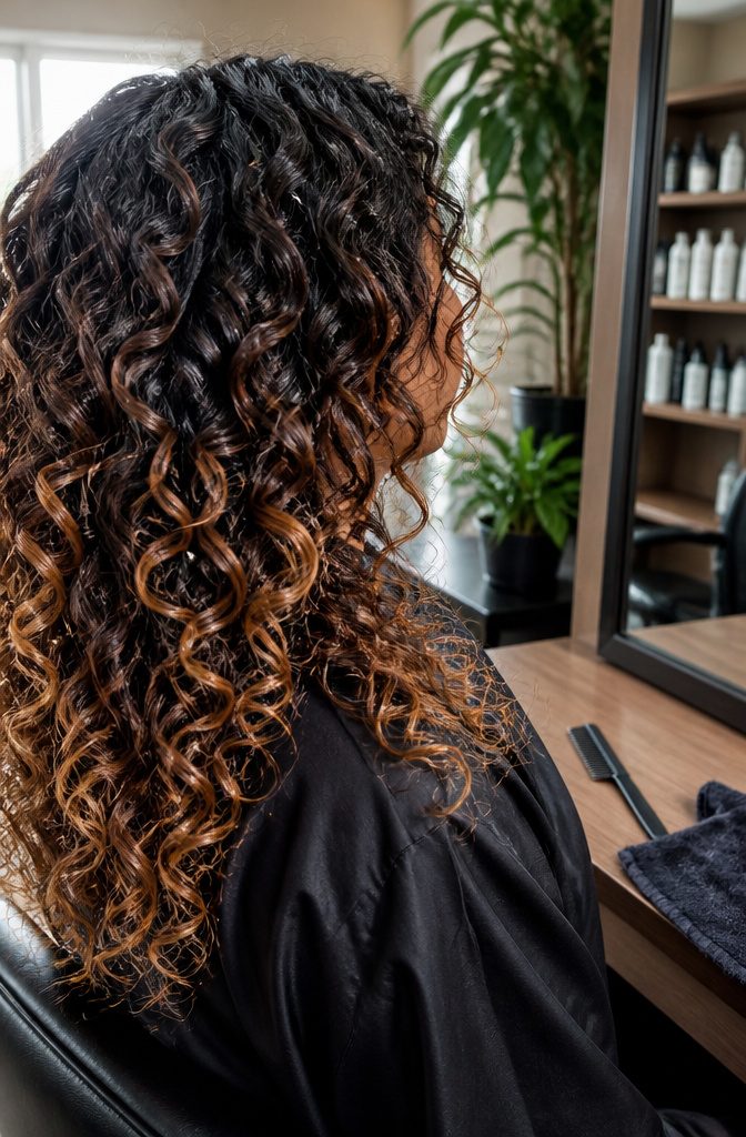 Defined curls with dark brown roots and caramel around the face and ends