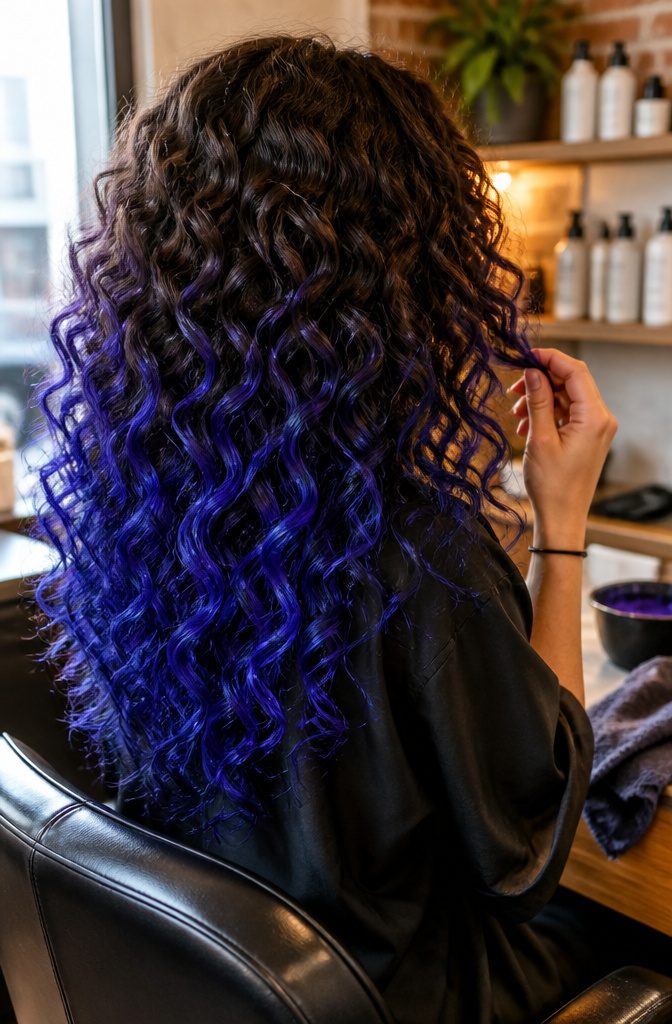 Curly hair with dark brown roots and bold color through the lengths