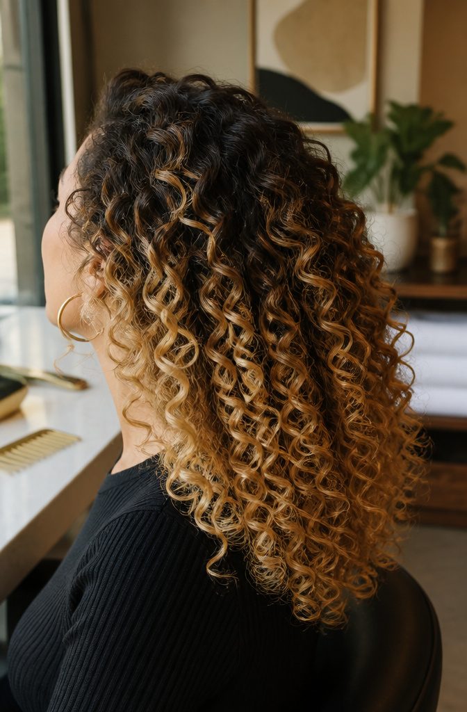 Springy curls with dark roots and gradual golden blonde lengths