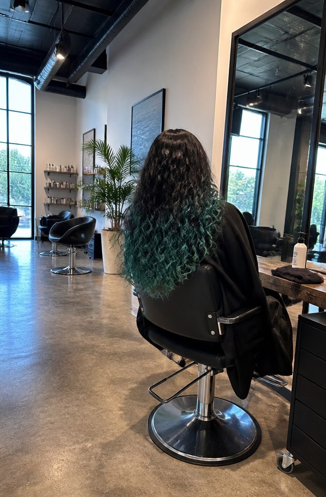Long curls with near-black roots fading into sea-green ends