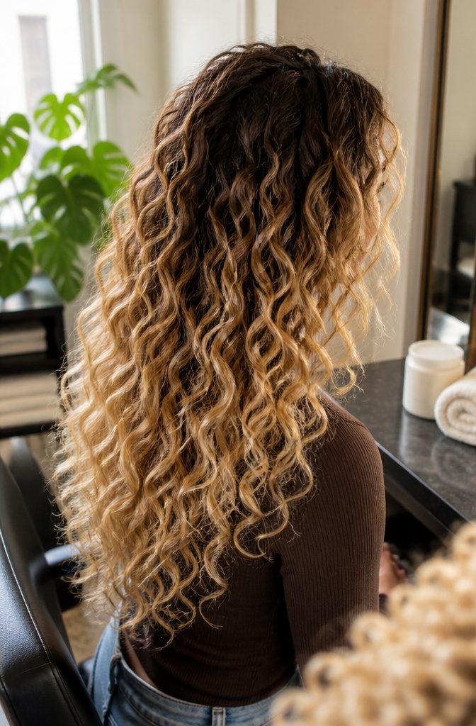 Curly hair with dark roots fading to honey blonde and lighter face-framing pieces