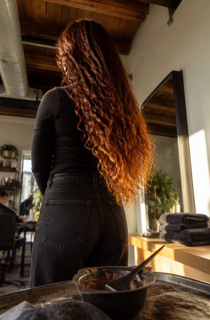 Long curls with deep red roots and bright copper ends