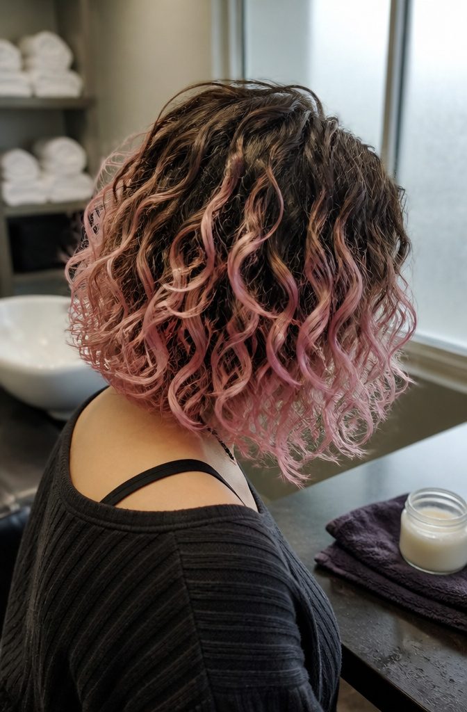 Medium layered curls with lightened ends colored pink