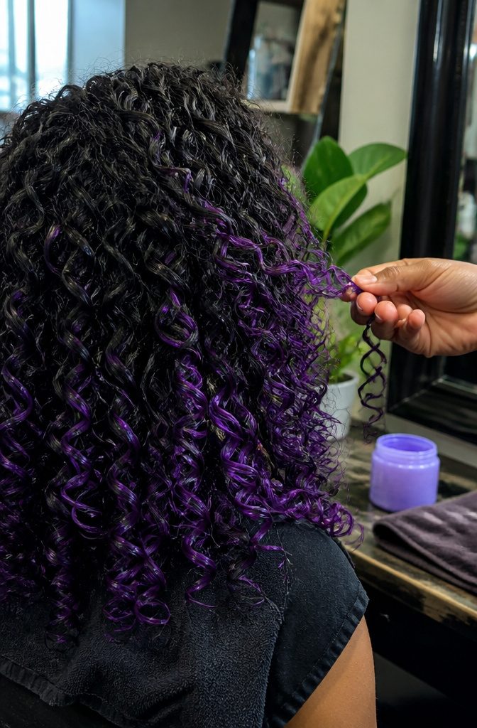Black curls with vivid purple highlights through the lengths