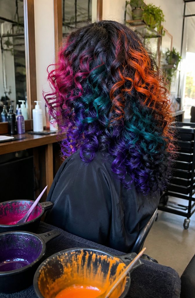 Dense curls with rose teal violet and orange over a black underlayer